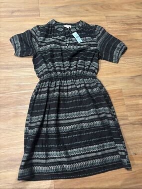 LOFT Black Dress with Gray and Teal Geometric Stripes